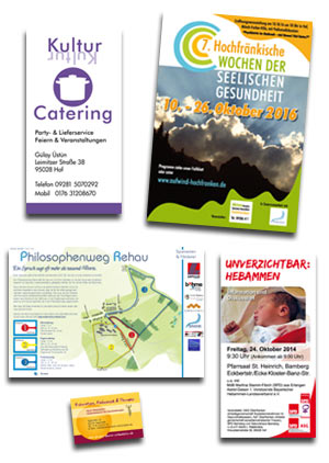 Zusammenstellung von Drucksachen - Folder, Plakate, Wegplan, Flyer, Visitenkarten